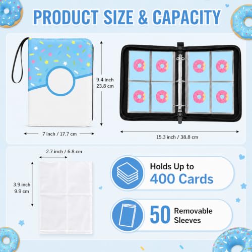 Blue Donut Card Binder for Trading Cards - Holds 400 Cards, Zipper Closure & Removable Pages