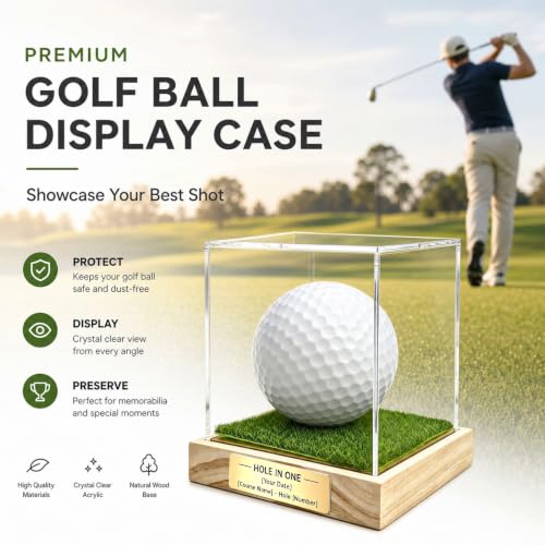 Custom Golf Ball Display Case with Engraved Nameplate & Putting Green Base