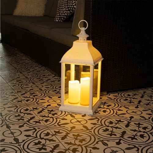 Alpine Corporation KPP604T-22 Outdoor Battery-Operated Lantern with Flickering LED Candle Lights for Patios, Gardens, Pathways, and Entryways, 22" H, White
