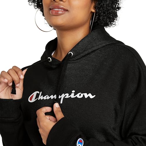 Champion Women's Pullover Fleece Hoodie Large Black Loose Fit Midweight Script Logo