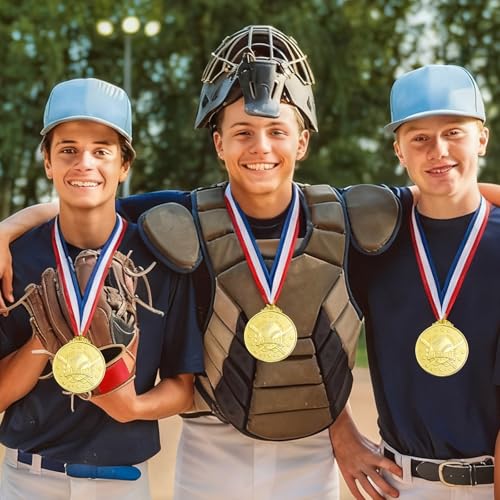 12 Pcs Golden Baseball Medals 2 Inch with Ribbon for Sports Awards Kids