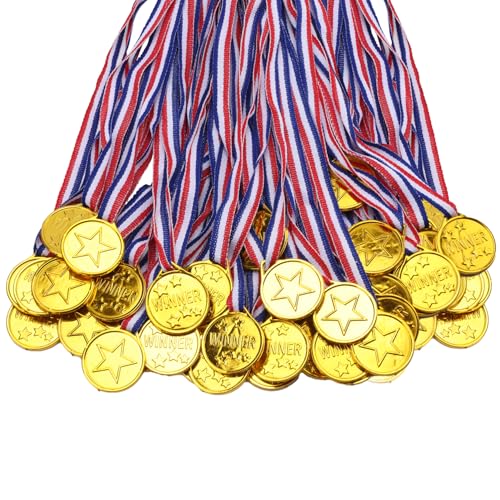 100 Pieces Gold Medals for Kids Medals for Awards Plastic Winner Award Medals for Sports, Competition, Talent Show, Spelling Bee Birthday Party Favors Gifts