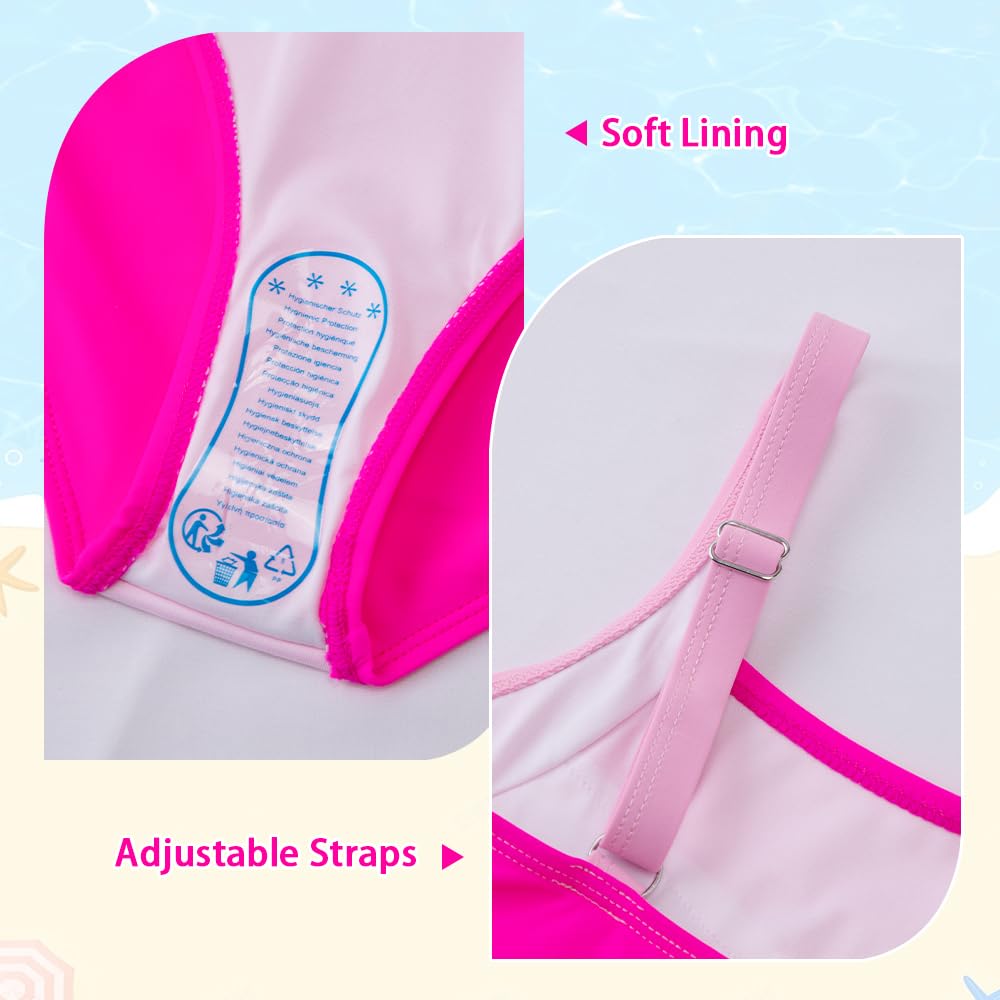 Belovance Girls Swimsuits One Piece Bathing Suit Solid Color Blocking Tween Swimming Suit Summer Modest Beach Swimwear Adjustable Straps Quick Dry Size 11 12 (12Y, Hotpink)