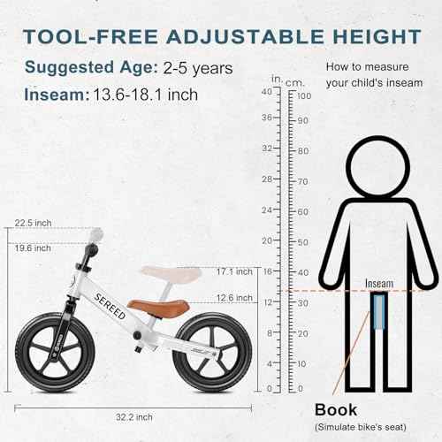 SEREED Toddler Balance Bike 2 Year Old, No Pedal Kids Toy Bike for 2-5 Years Old, Tool-Free Adjustment, Gift for 2-3 Boys Girls, Customize Plate with 3pcs Stickers (White)