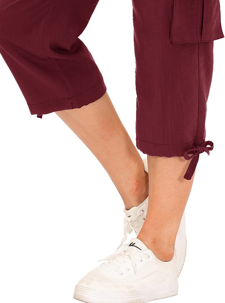 MoFiz Womens Capris with Pockets Loose Fit Casual Capri Pants Dressy Lightweight Ladies Baggy Cargo Pants for Hiking Burgundy Red 3XL