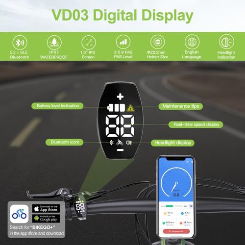 Varstrom VD03 Ebike Display - 1.5" Slim LED Screen for Bafang BBS01B/02B HD Mid Drives Kit(12-60V,CAN Protocol), IP67 Waterproof 0-9 Levels EBike Computer Display for 22.2mm Handlebar Electric Bikes