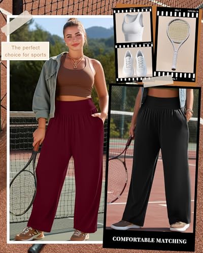 Women's Plus Size Flowy Yoga Lounge Pants 4 Pack - Black, Wine Red, Navy Blue, Dark Gray