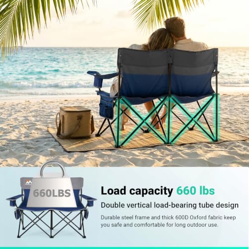 Overmont Double Camping Chair - Blue Loveseat with Cup Holders, Foldable & Heavy Duty