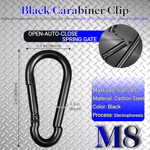M8 Spring Snap Hook Carabiner Clip 3 Inch Black 5 Pack - Heavy Duty Keychain Hooks