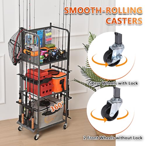 Heavy Duty Fishing Rod Rack with Wheels - Garage Organizer for Fishing Gear