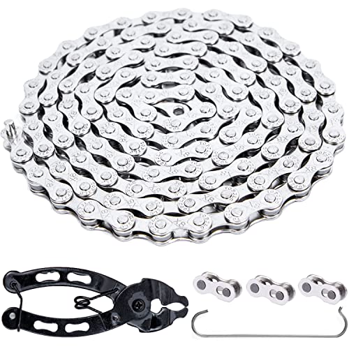 6/7/8 Speed Silver Bicycle Chain - 116 Links, Full Plating, Includes Master Links & Chain Tool
