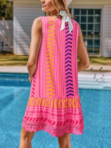 Swimsuit Coverup Lace Beach Dress - Hot Pink Patterned, Medium