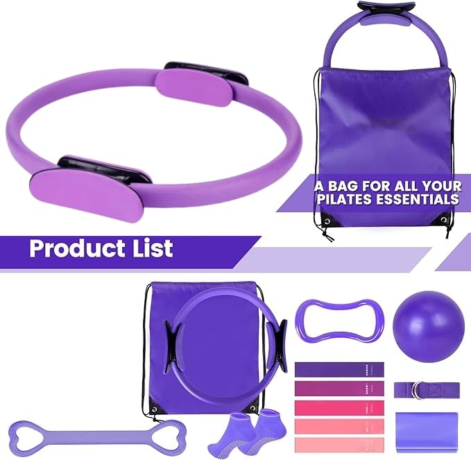 13Pcs Pilates Kit, Pilates Essentials Kit for Women, Booty Bands for Working Out Glutes Yoga Ball 25cm Figure 8 Resistance Band Yoga Bands for Stretching (Pink)