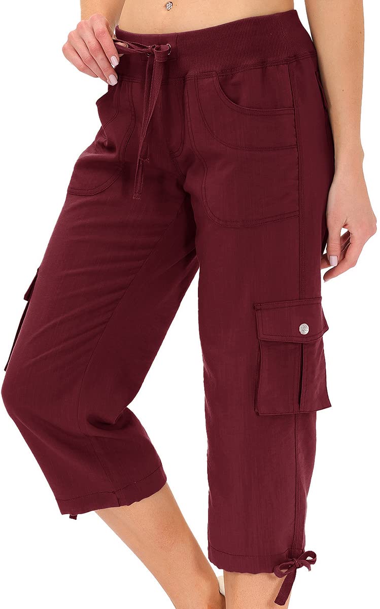MoFiz Womens Capris with Pockets Loose Fit Casual Capri Pants Dressy Lightweight Ladies Baggy Cargo Pants for Hiking Burgundy Red 3XL