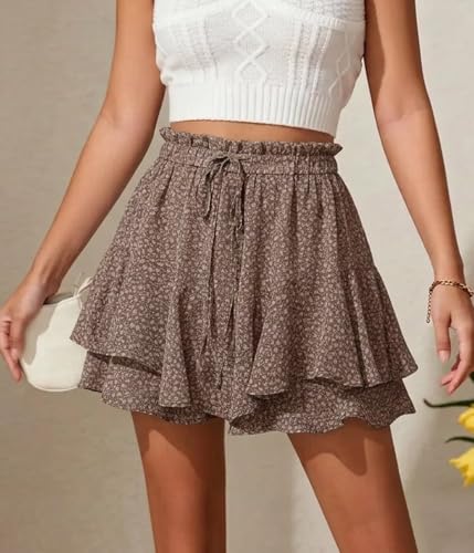 Women's Short Floral Butterfly Boho Chiffon Skorts - Medium Brown