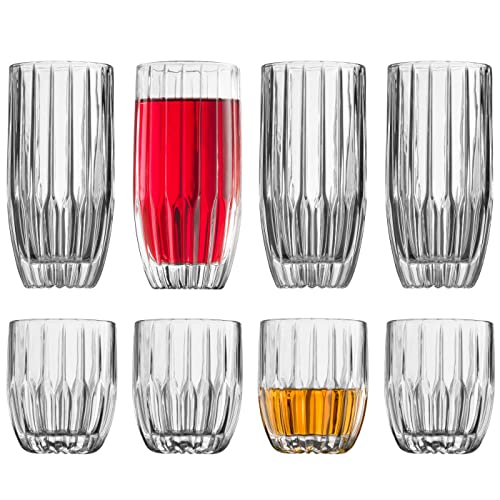 Godinger Drinking Glasses Set - 8pc Barware Set, Highball & Whiskey Glasses - 4 Highballs (12oz) and 4 Whiskey Glasses (10oz)