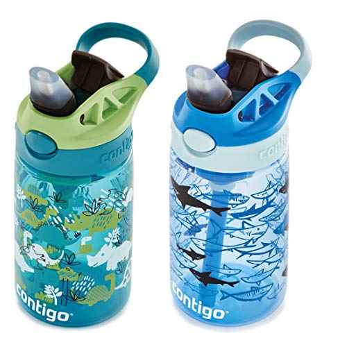 Contigo Aubrey Kids Water Bottle, 2-Pack, 14oz, Dinos & Sharks, Spill-Proof Lid, Dishwasher Safe, Blue & Green