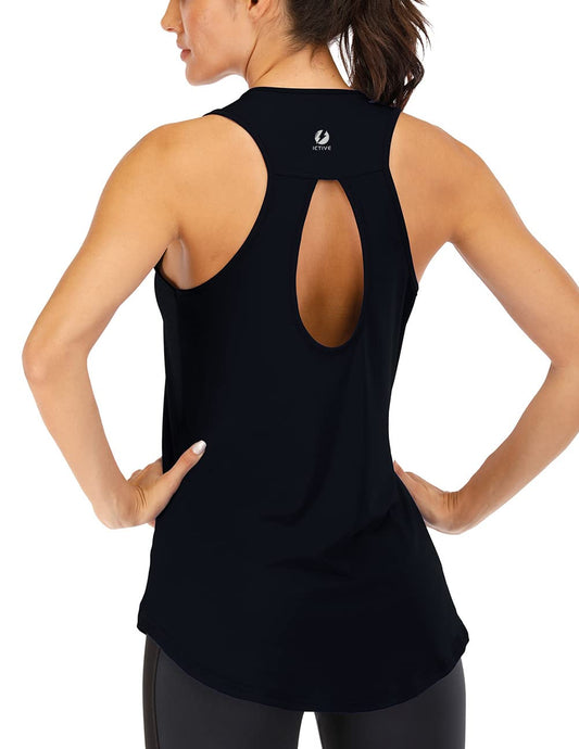 ICTIVE Yoga Tops for Women Loose Fit Workout Backless Sleeveless Keyhole Open Back Racerback Summer Shirts Black L