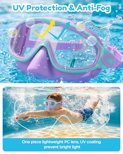 Pink Purple Kids Swim Goggles with Nose Cover, Wide View Anti-Fog UV Protection - 2 Pack