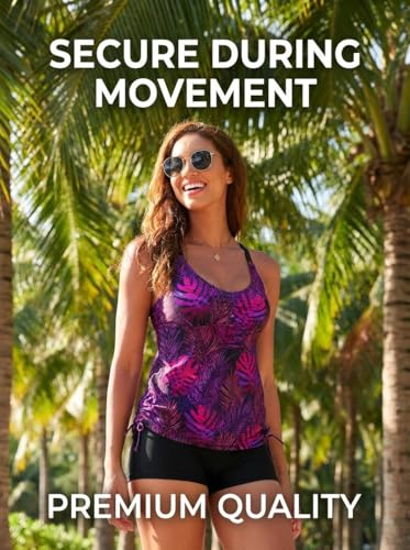 Women Two Piece Tankini Swimsuit with Tummy Control and Shorts - Purple Leaves, Large