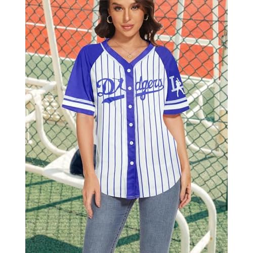 Baseball Shirt Jerseys for Women Baseball Jersey Game Day Fan Striped Baseball Player Button Down Short Sleeve Tops
