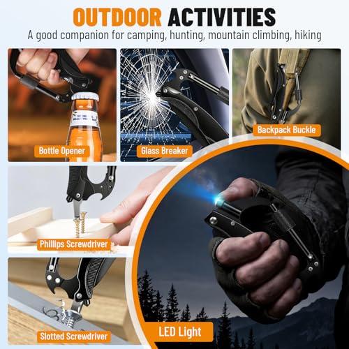 7-in-1 Carabiner Multi-Tool with Pocket Knife, LED Light & Window Breaker for Camping and Outdoor Survival