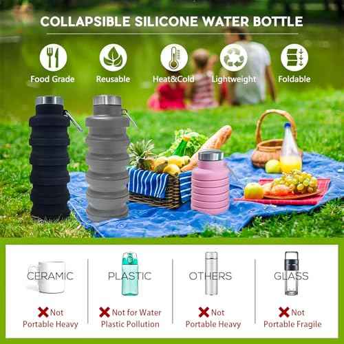 Collapsible Water Bottle,16oz Capacity Portable Reusable Silicone Water Bottle, Leak-proof, with buckle, foldable storage, Lightweight Durable for Fitness, Cycling, Sports, Camping, Hiking (Pink)