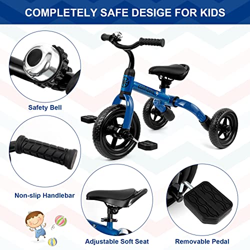 Blue 3-in-1 Toddler Tricycle with Folding Frame & Adjustable Seat