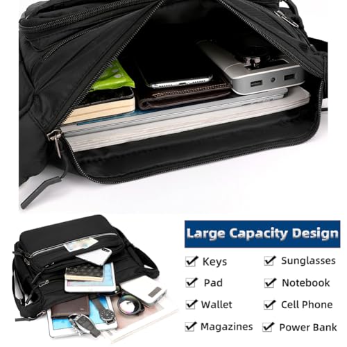 Mudono Waterproof Nylon Messenger Bag for Men - Black Multi-pocket Crossbody Travel Satchel