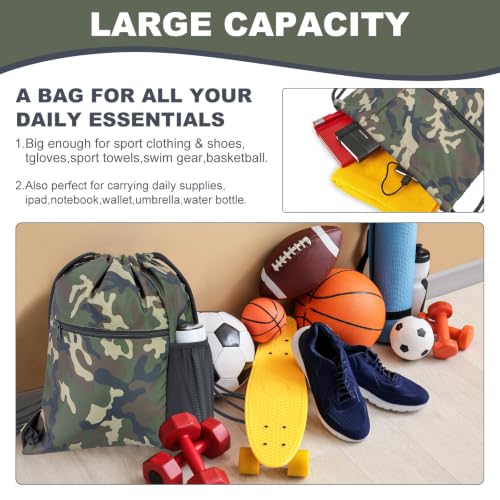 Water-Resistant Sport Gym Sack Backpack with Drawstring - Green Camo