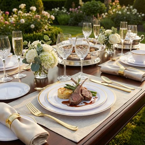 400pcs White and Gold Plastic Dinnerware Set for 50 Guests - Elegant Party Plates