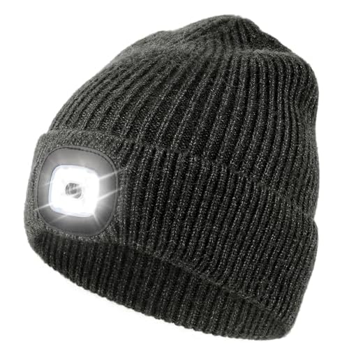 Wmcaps Unisex Hat with Light, USB Rechargeable LED Beanie, Winter Warm Knitted Headlamp Hat Gifts for Men Him Dad Husband
