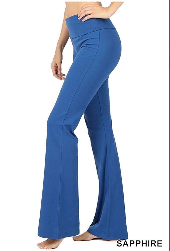 Zenana Fold Over Waist Cotton Stretch Flare Leg Boot Cut Yoga Pants Sapphire Large
