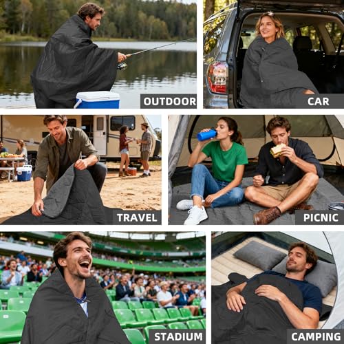 Black Large Waterproof Outdoor Blanket 80" x 58" | Thick 350 GSM Fleece, Windproof