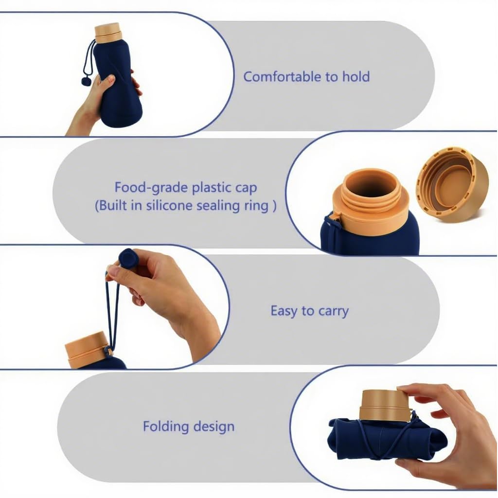 Collapsible Water Bottles,650ml,Leak Proof,Reuseable BPA Free Silicone Foldable Water Bottles,Durable Lightweight for Travel Gym Camping Hiking,Compact Size Portable Sports Water Bottle (Deep Blue)
