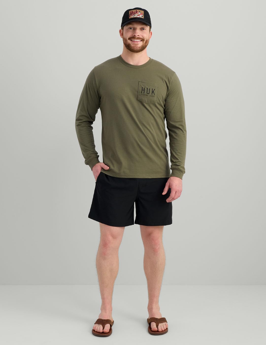 HUK Mens Pocket Tee, Comfortable Performance Fishing Long Sleeve T-Shirt with Chest Pocket, Lodge - Moss, X-Large