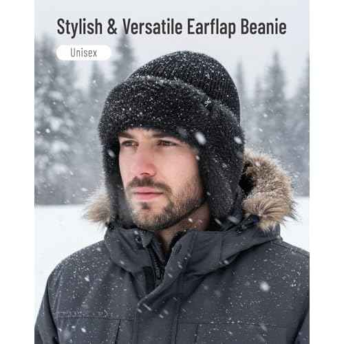 Winter Fleece-Lined Beanie with Earflaps,Warm Windproof Beanie Hat for Men & Women