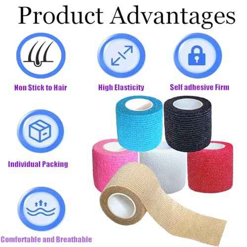 6 Pack 2 Inches Self Adhesive Bandage Wrap Vet Wrap for Pets, Stretch Self Adherent Tape Cohesive Wrap for Athletic, Sports, Wrist and Ankle(Multi Colors)