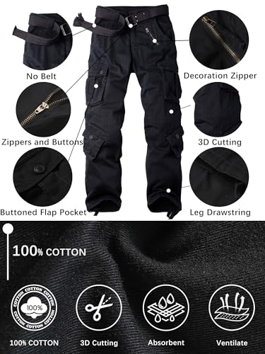 Men's Camo Cargo Work Pants 8 Pockets Tactical Ripstop Casual Pants - 32" Inseam, Black-03