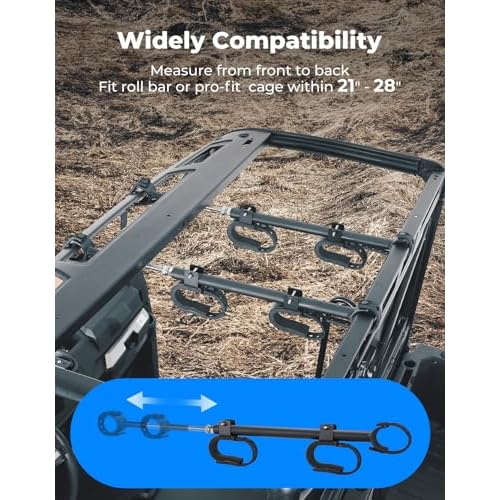 KEMIMOTO UTV Overhead Tool Holder Rack, Hunting Tool Holder Rack Roof Mounted Tool and Bow Rack for 23 in - 32 in Roll Bars Depth (Front to Back) Compatible with Polaris Ranger, Mule