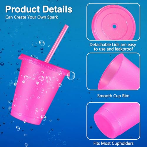 Reusable Plastic Cups with Lids and Straws - 16 oz Hot Pink Glitter Kids Drinkware - 30 Pack
