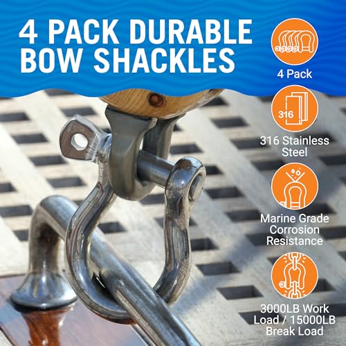 1/2 Inch Marine Grade Stainless Steel D-Ring Shackles - 4 Pack