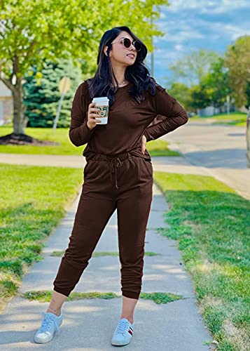 PRETTYGARDEN Airport Travel Outfit Women Fall 2 Piece Matching Lounge Sets Brown Large