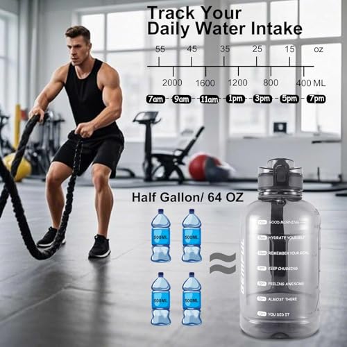 2L Water Bottle with Time Marker - Grey, Motivational Hydration Jug