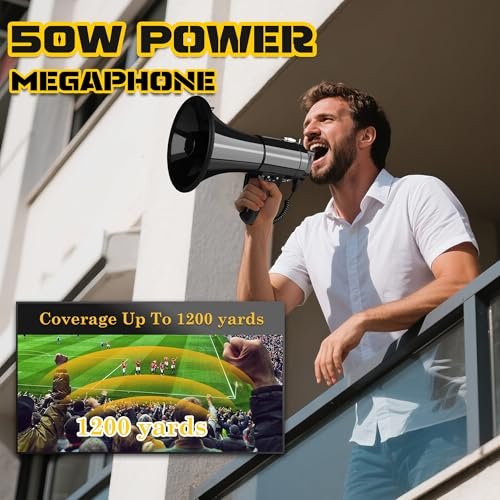 50W Bluetooth Megaphone Bullhorn with Rechargeable Battery-Professional Mega Phone with Siren&240s Recording Supports USB/TF/3.5mm Aux Input-1200 Yard Range for Sports Emergency Outdoor Activities
