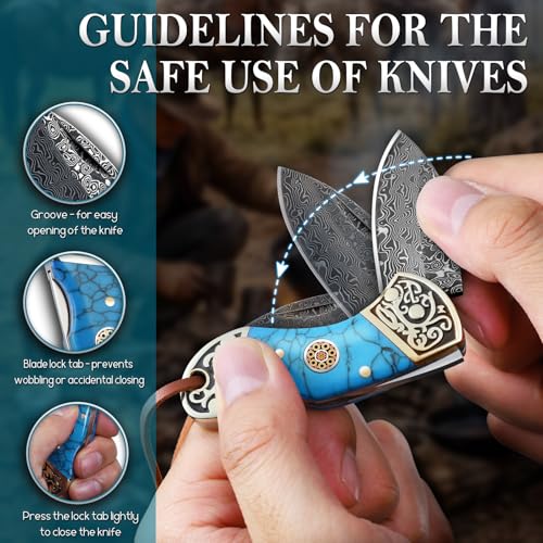 Damascus Pocket Knife for Gifting - Small Blue EDC Knife for Dad