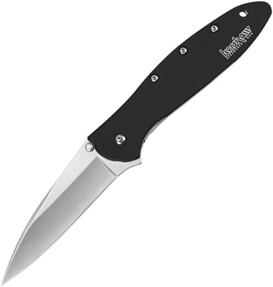 Kershaw Leek, Stonewashed Pocket Knife (1660SWBLK) 3 Stonewashed High-Performance Sandvik 14C28N Steel Blade, Black Anodized Aluminum Handle, SpeedSafe Assisted Opening, Liner and Tip Lock; 2.4 OZ