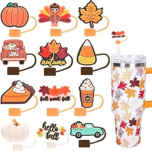 12pcs Fall Straw Toppers for Stanley Cup Thanksgiving Autumn Straw Covers 10mm Silicone Drinking Tip Covers for Stanley Cup Accessories