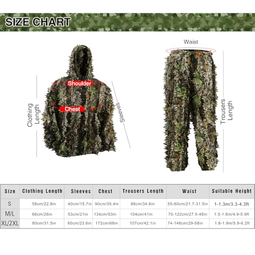 Outdoor Camouflage Ghillie Suit for Hunting & Airsoft, 3D Leafy Hooded Design - Dark Green, Height 5.9-6.2 ft