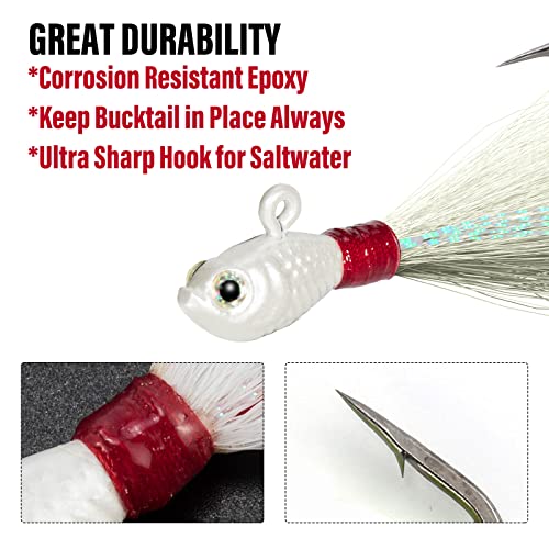 Saltwater Freshwater Bucktail Jig Lure Set - White 3 Pack 1/2 oz